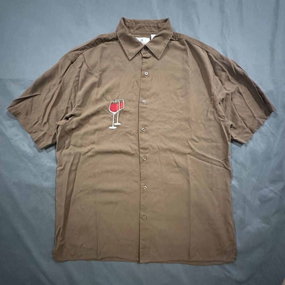 Bobby Chan Shirt Mens L Wine Embroidery Bamboo Silk Button Up Camp Bottle Brown